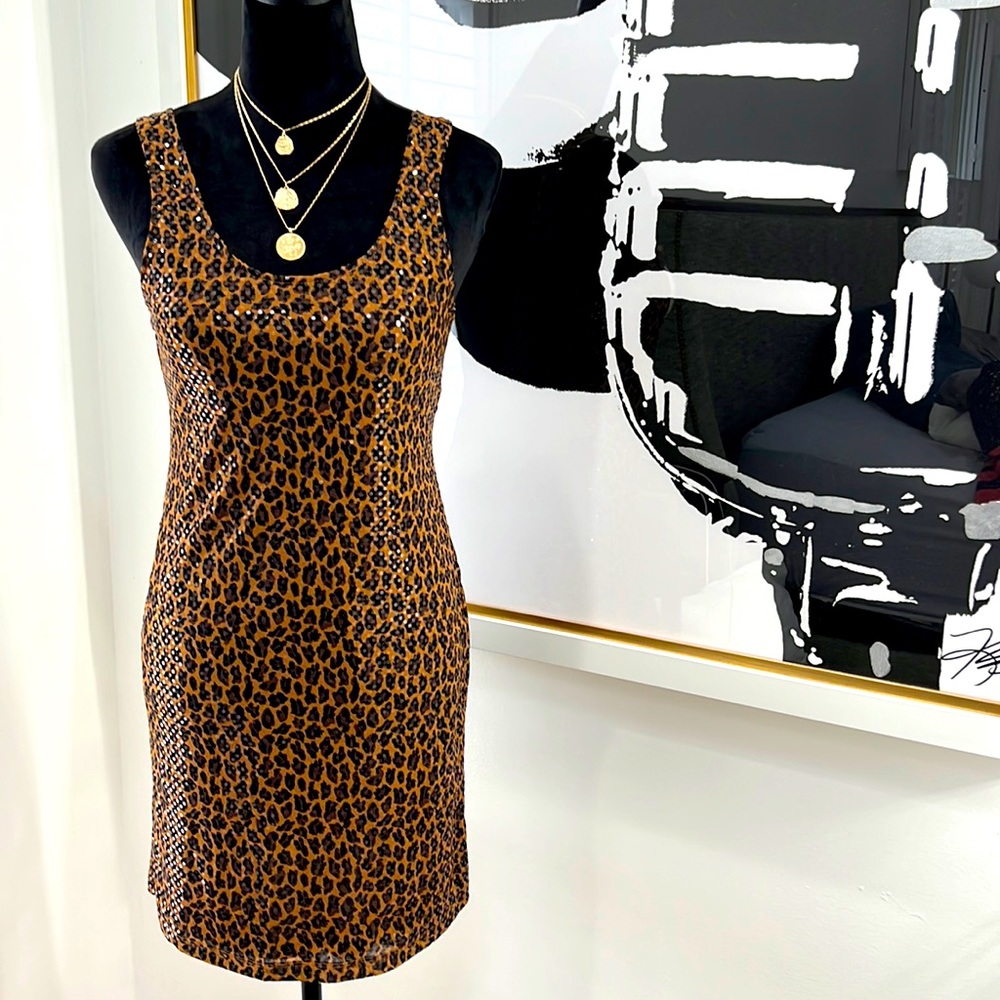 Express Cheetah Print Sequined Dress w/Low Back, Size S
